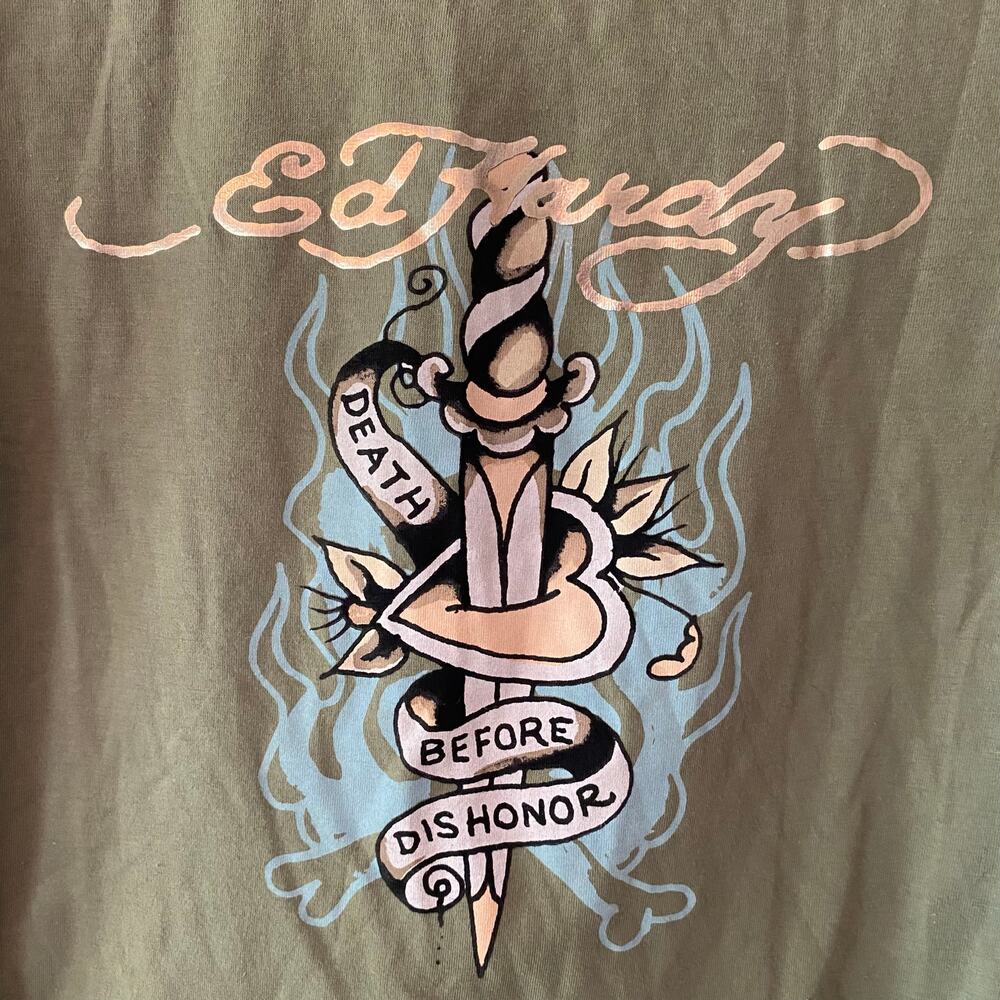 NWT Ed Hardy Green Cropped Baby Tee Death Before Dishonor Women's size Large - Picture 4 of 10